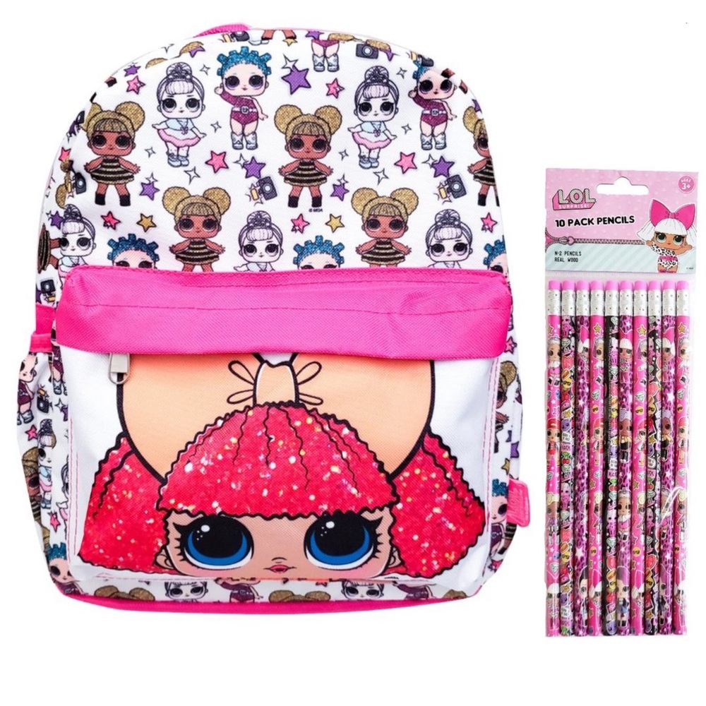 LOL Surprise Backpack Girls Toddler School Bag All Over Print 12" Pencils Set